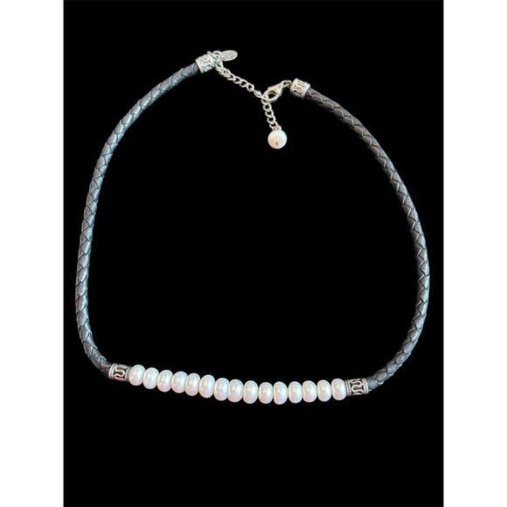 Vtg Honora Freshwater Button Pearl Braided Leather Choker Necklace 925 Boho